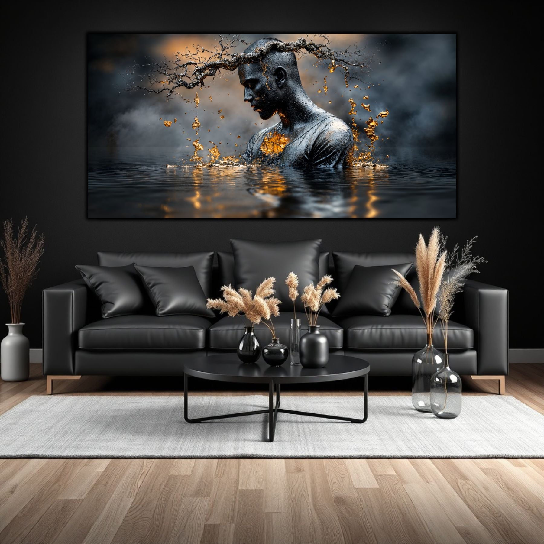 Tablou sufragerie artă contemporană Alchimia Tăcerii, print pe sticlă securizată cu design abstract, decor de lux pentru pereți moderni.