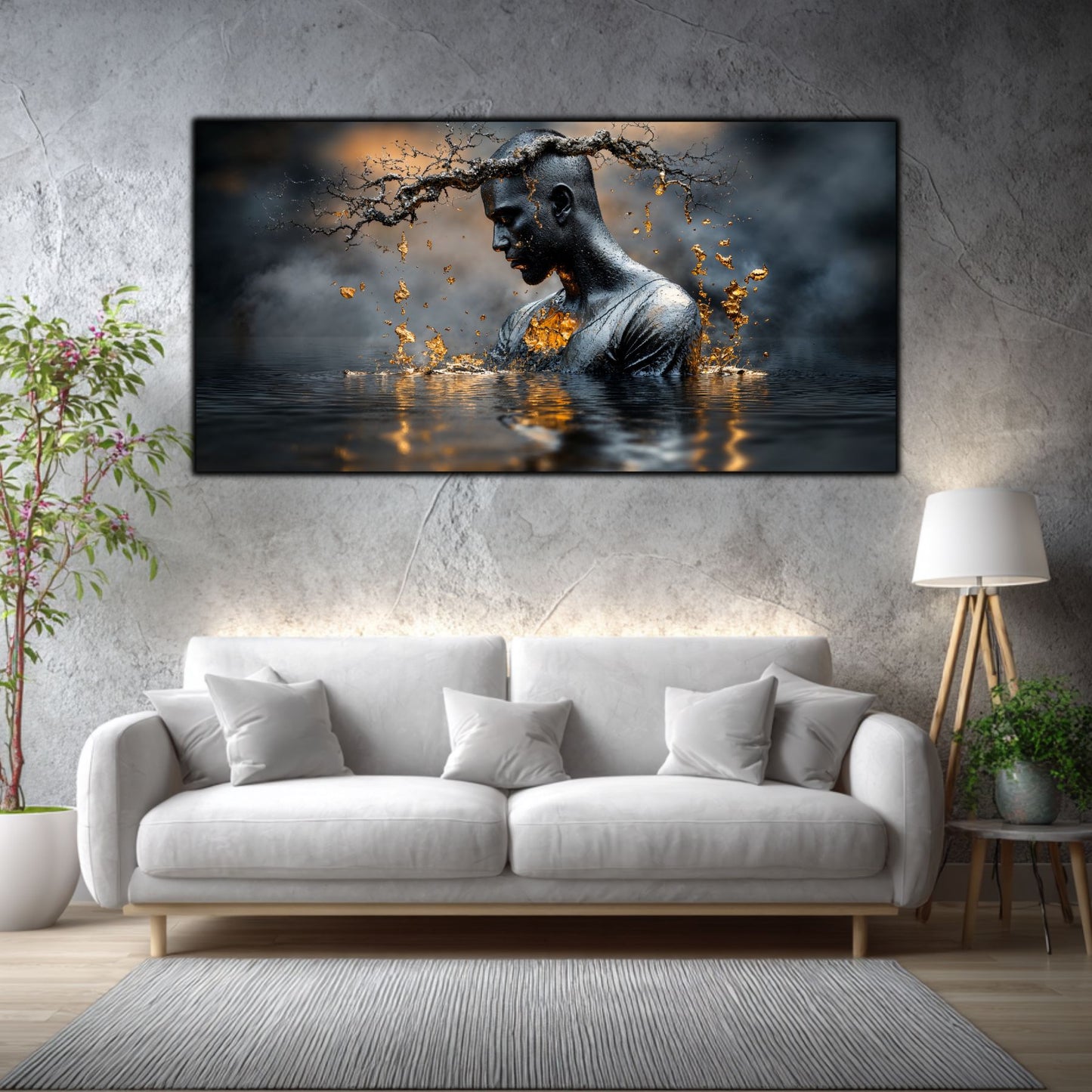 Tablou abstract Alchimia Tacerii decor living, prezentat deasupra unei canapele albe.