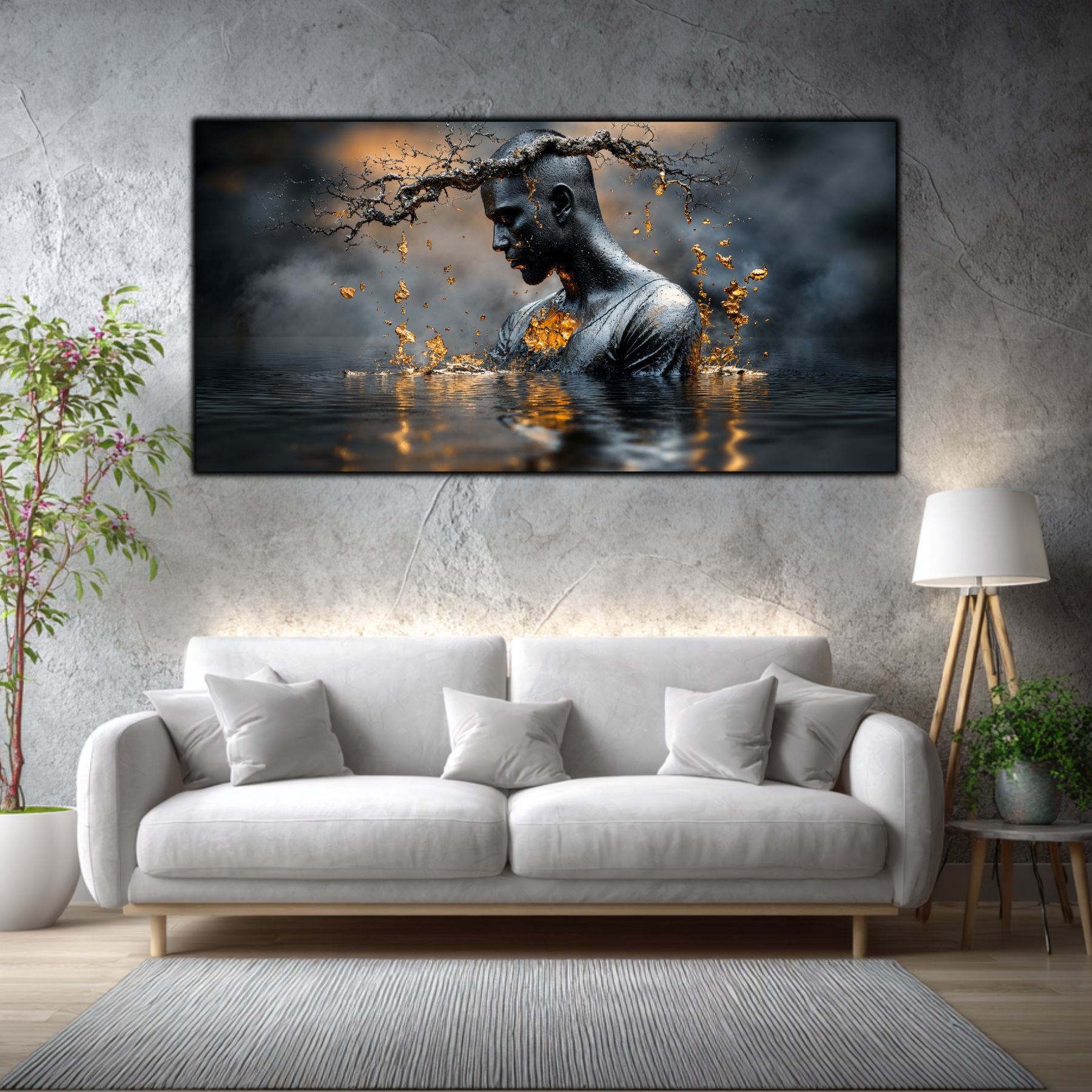 Tablou abstract Alchimia Tacerii decor living, prezentat deasupra unei canapele albe.