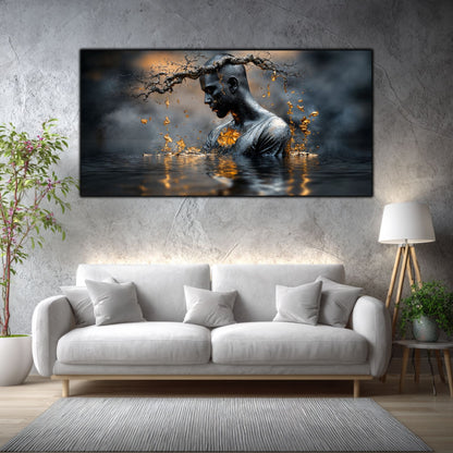 Tablou abstract Alchimia Tacerii decor living, prezentat deasupra unei canapele albe.