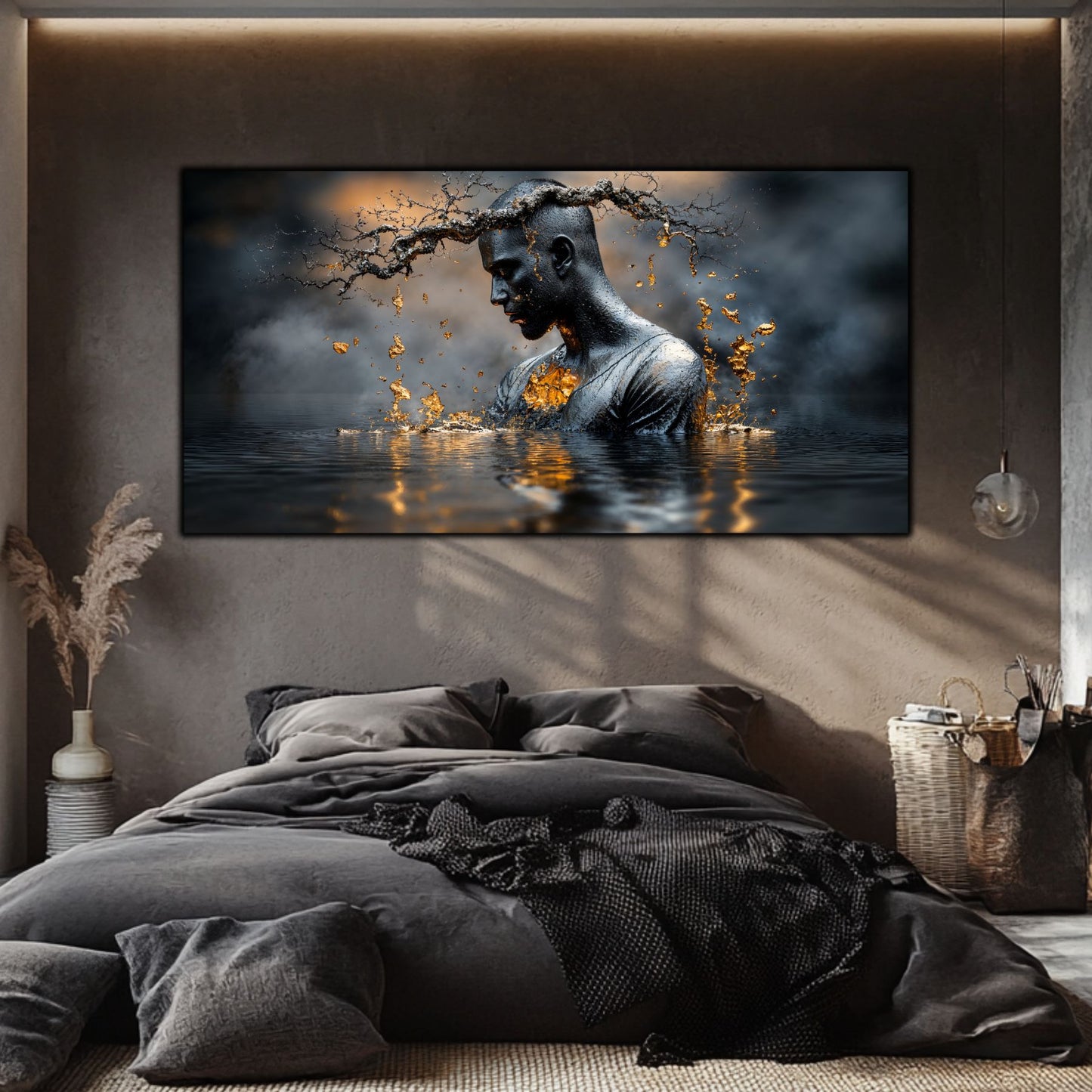 Tablou abstract pe sticla securizata cu portretul meditativ al unui barbat care mediteaza, scufundat in apa unui lac misterioss. Tabloul creaza o atmosfera meditativa si aduce lux in orice sufragerie.