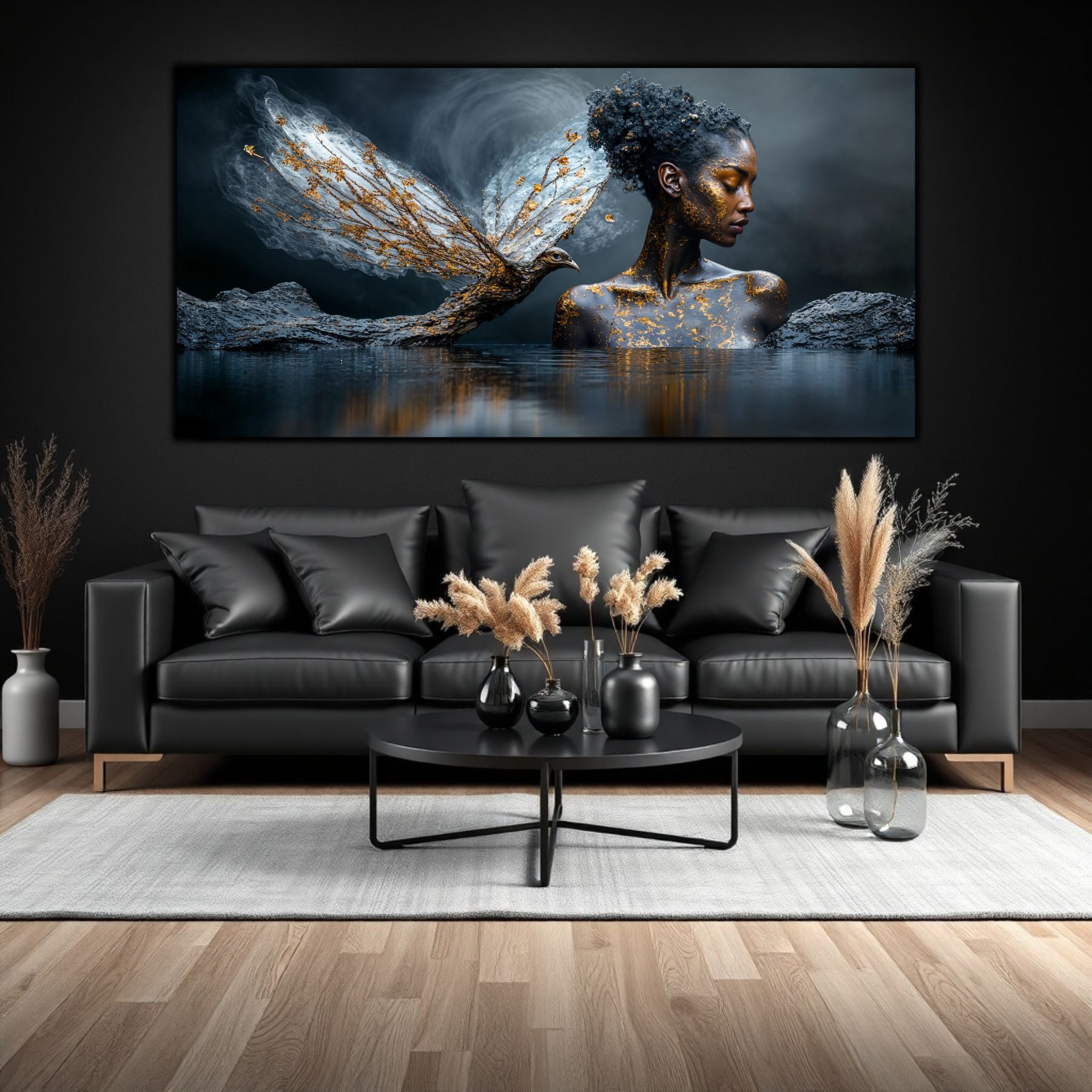 Tablou pe Sticlă Securizată Copacul Vieții - Esență Cosmică, prezentare deasupra unei canapele negre.