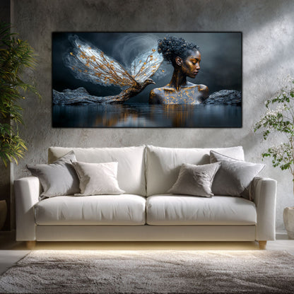 Tablou Sticlă Securizată Copacul Vieții - Esență Cosmică, agatat deasupra unei canapele albe.