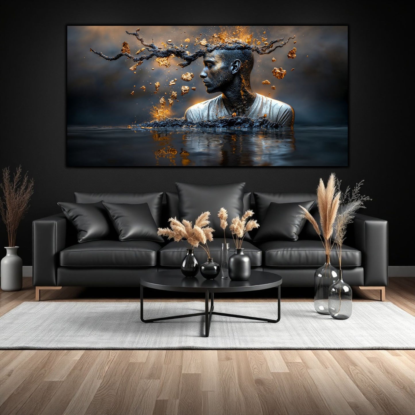 Tablou sufragerie suprarealist Geneza Fragmentată, artă pe sticlă securizată cu design abstract despre creație, decor perete modern pentru sufragerie.