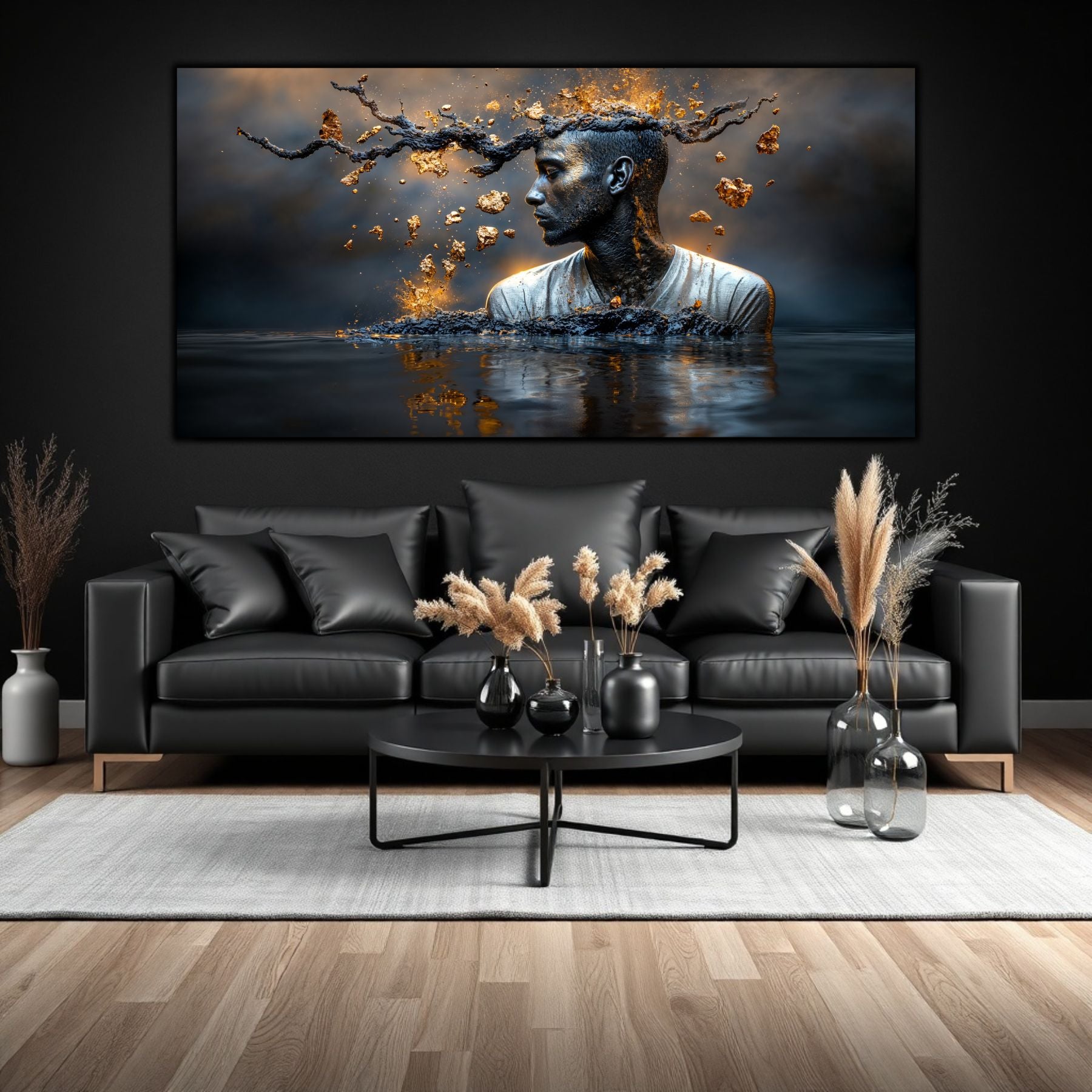 Tablou sufragerie suprarealist Geneza Fragmentată, artă pe sticlă securizată cu design abstract despre creație, decor perete modern pentru sufragerie.