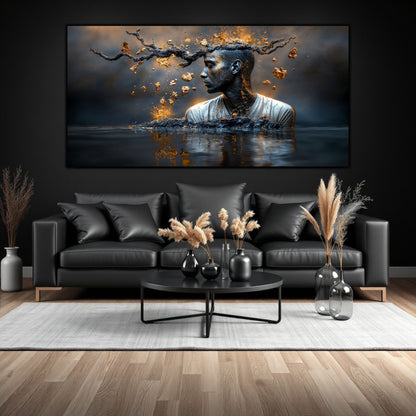 Tablou sufragerie suprarealist Geneza Fragmentată, artă pe sticlă securizată cu design abstract despre creație, decor perete modern pentru sufragerie.