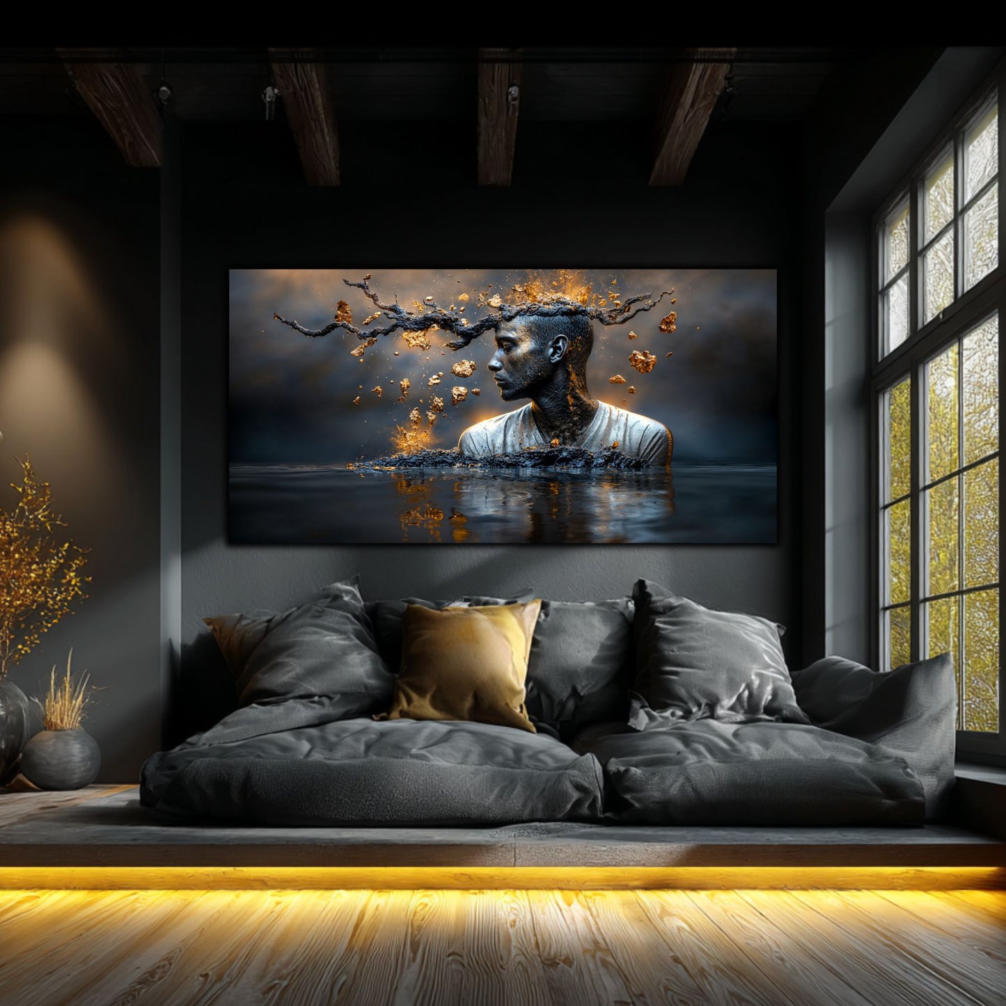 "Geneza Fragmentată", este un tablou printat uv pe sticlă securizată de 4mm si are o estetică ce se apropie de stilul "Dark Academia" sau "Luxury Minimalist".