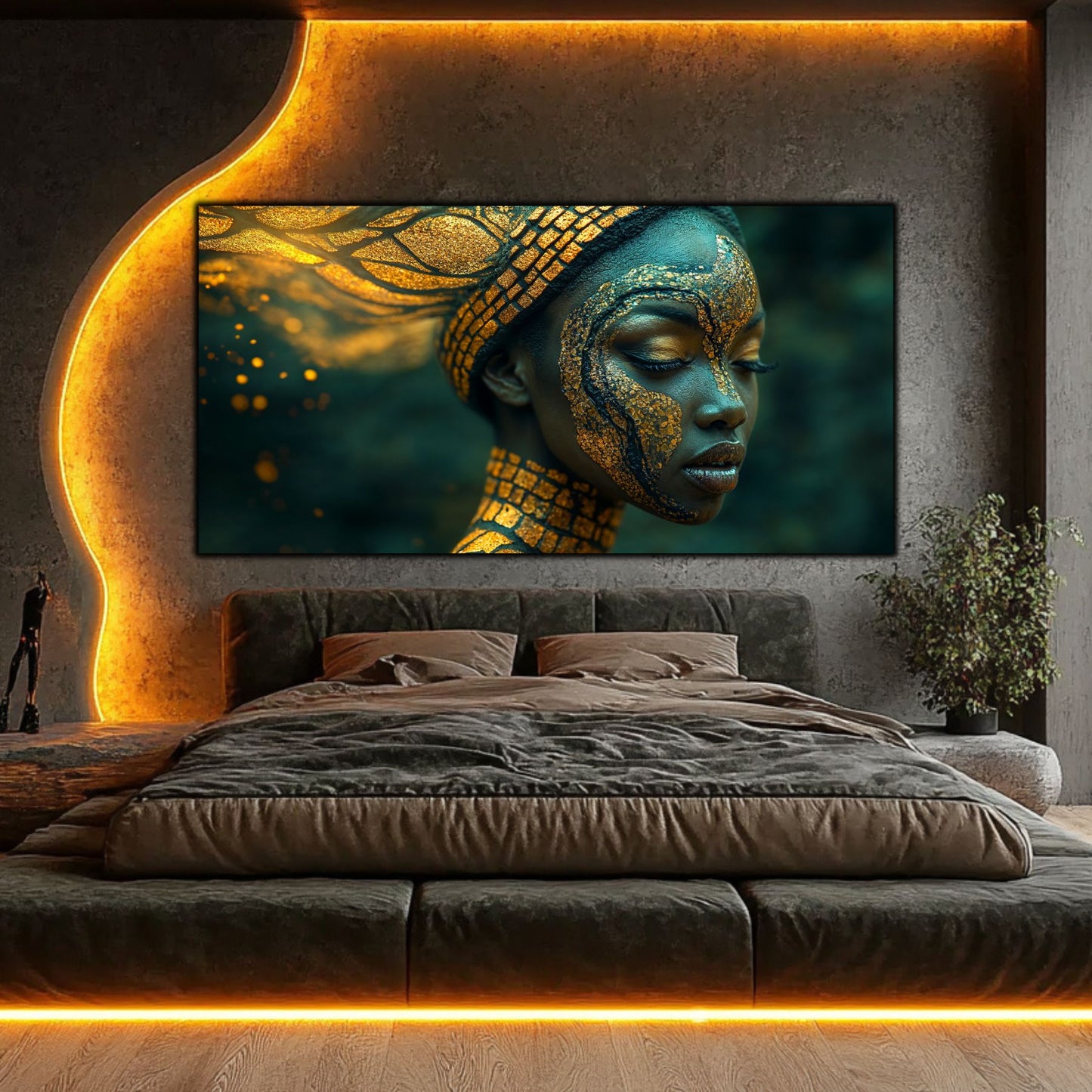 Tablou decorativ Filigranul Auriu artă pe sticlă, dormitor elegant cu iluminare caldă aurie
