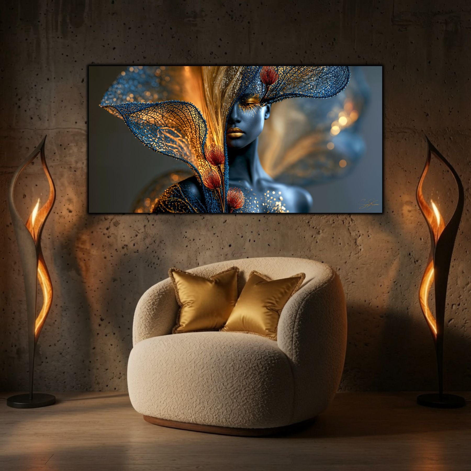Tabloul decorativ Inner Bloom completează un living elegant cu iluminare ambientală și design contemporan.
