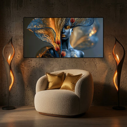 Tabloul decorativ Inner Bloom completează un living elegant cu iluminare ambientală și design contemporan.