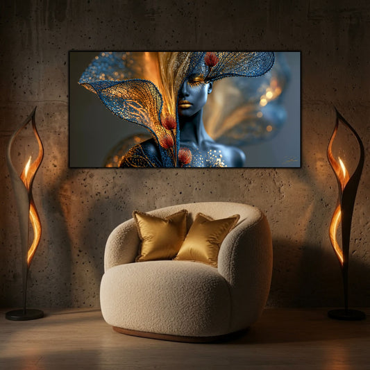 Tabloul decorativ Inner Bloom completează un living elegant cu iluminare ambientală și design contemporan.