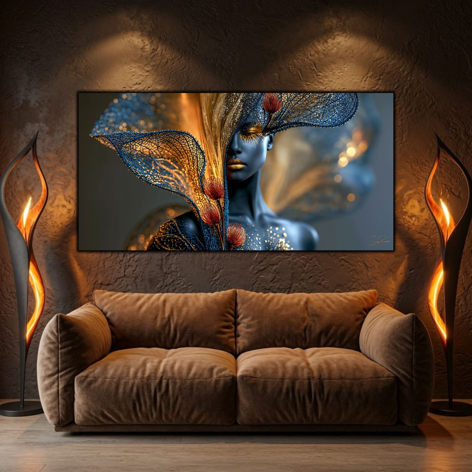 Inner Bloom creează un punct focal într-un living premium cu atmosferă intimă și accente calde.