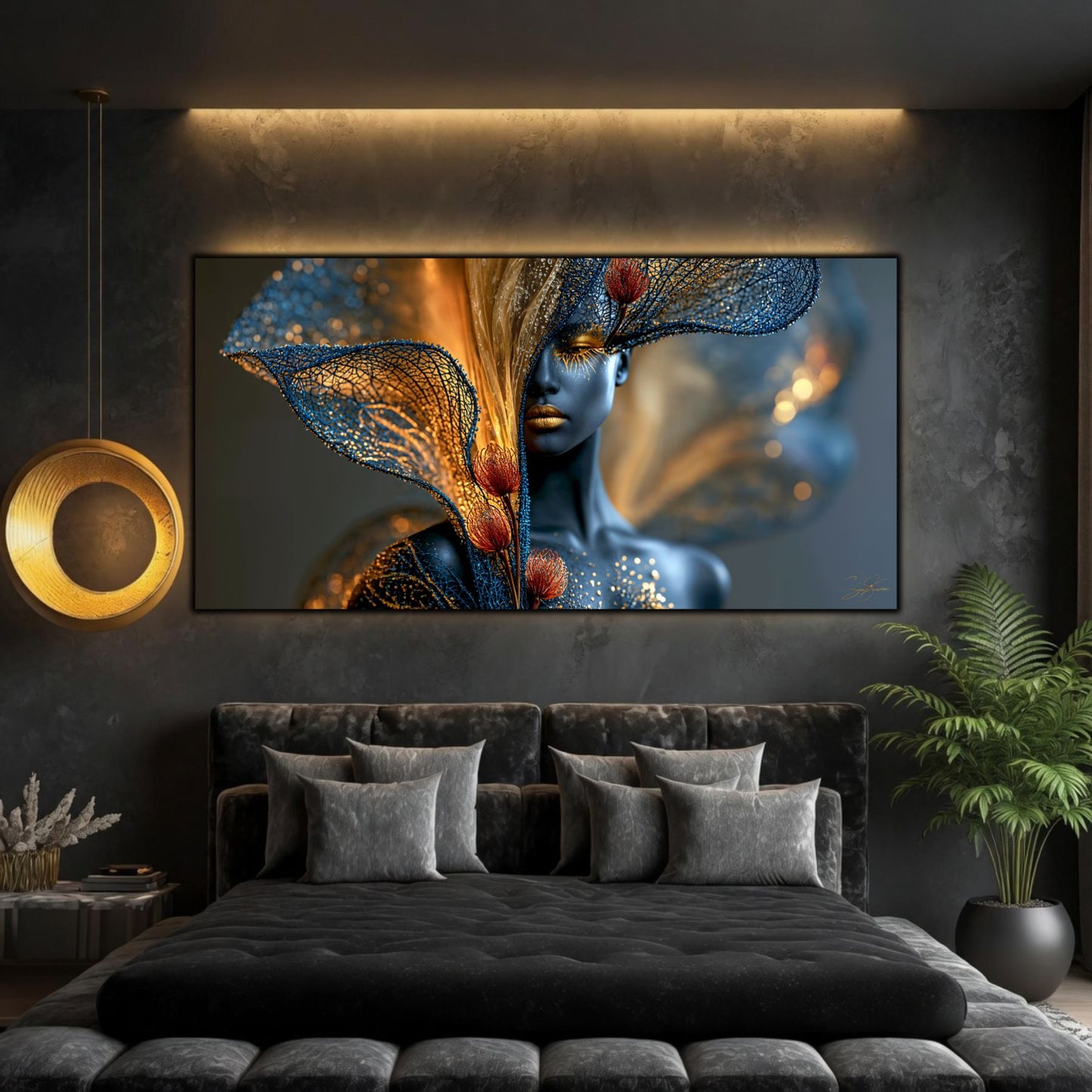 Tabloul Inner Bloom amplasat într-un dormitor modern, unde lumina și liniștea definesc atmosfera.