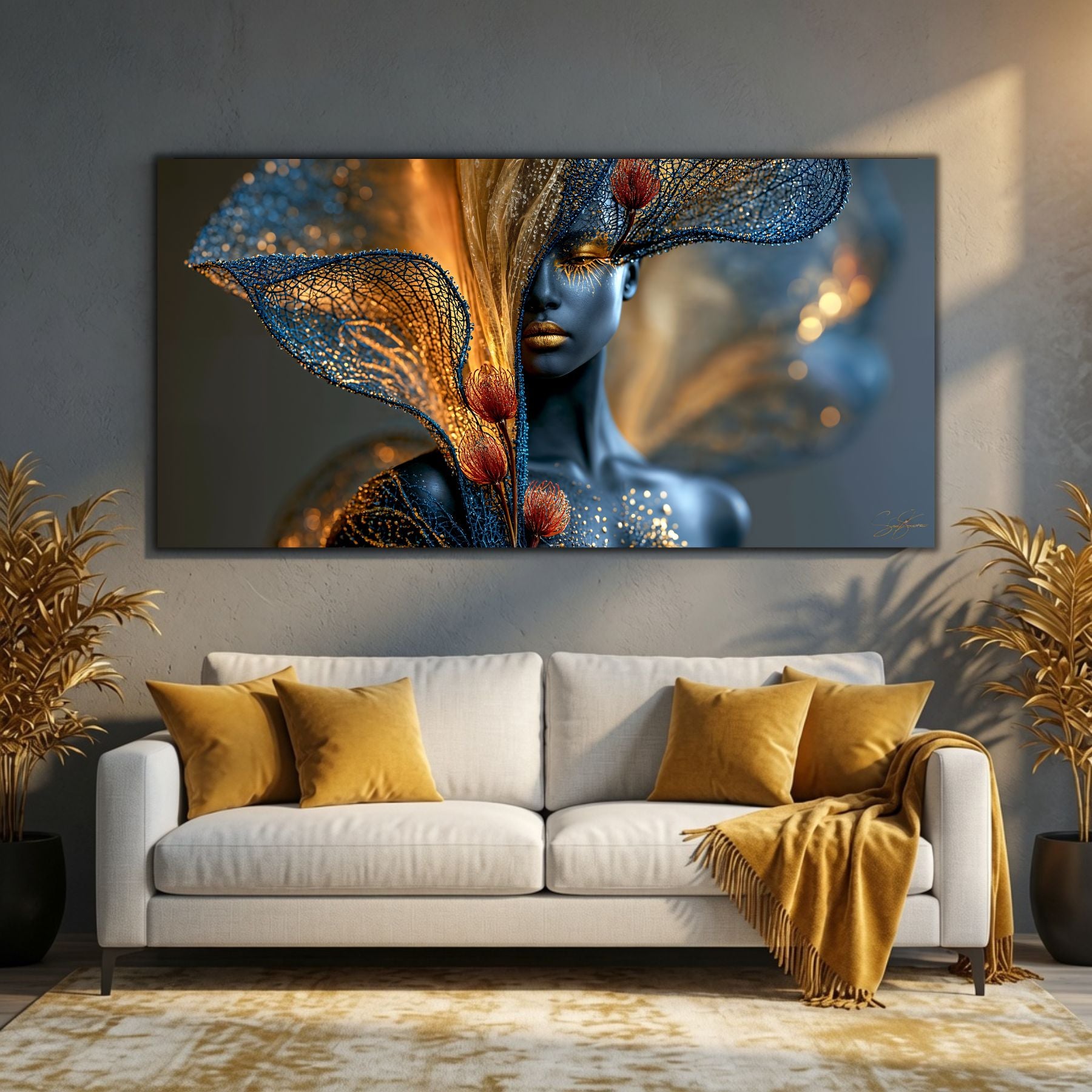 Inner Bloom completează armonios un living contemporan cu mobilier elegant și tonuri naturale.