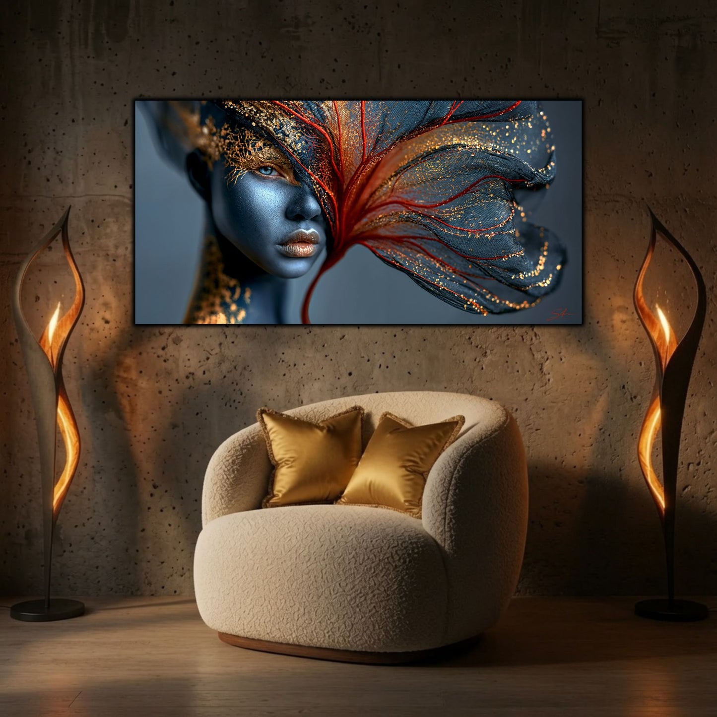 Tabloul decorativ First Bloom integrat într-un living contemporan cu atmosferă elegantă și iluminare ambientală.