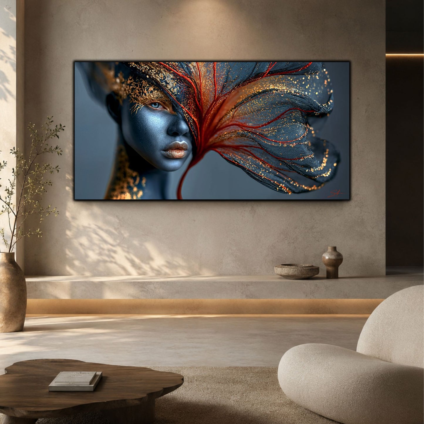 Tablou decorativ First Bloom într-un living minimalist, unde lumina și liniștea definesc spațiul.