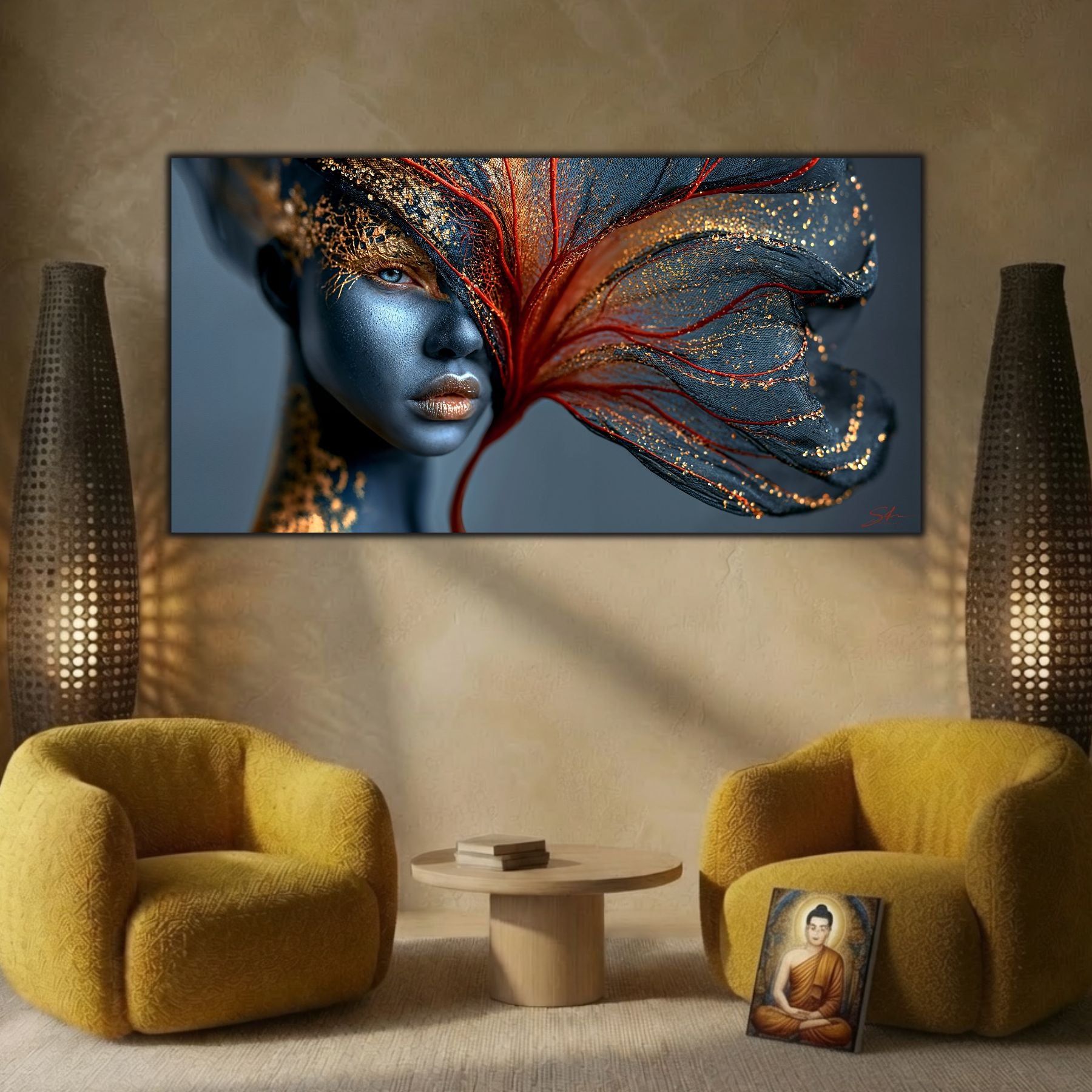 Tablou pe sticlă First Bloom într-un decor inspirat de estetica zen și designul contemporan.