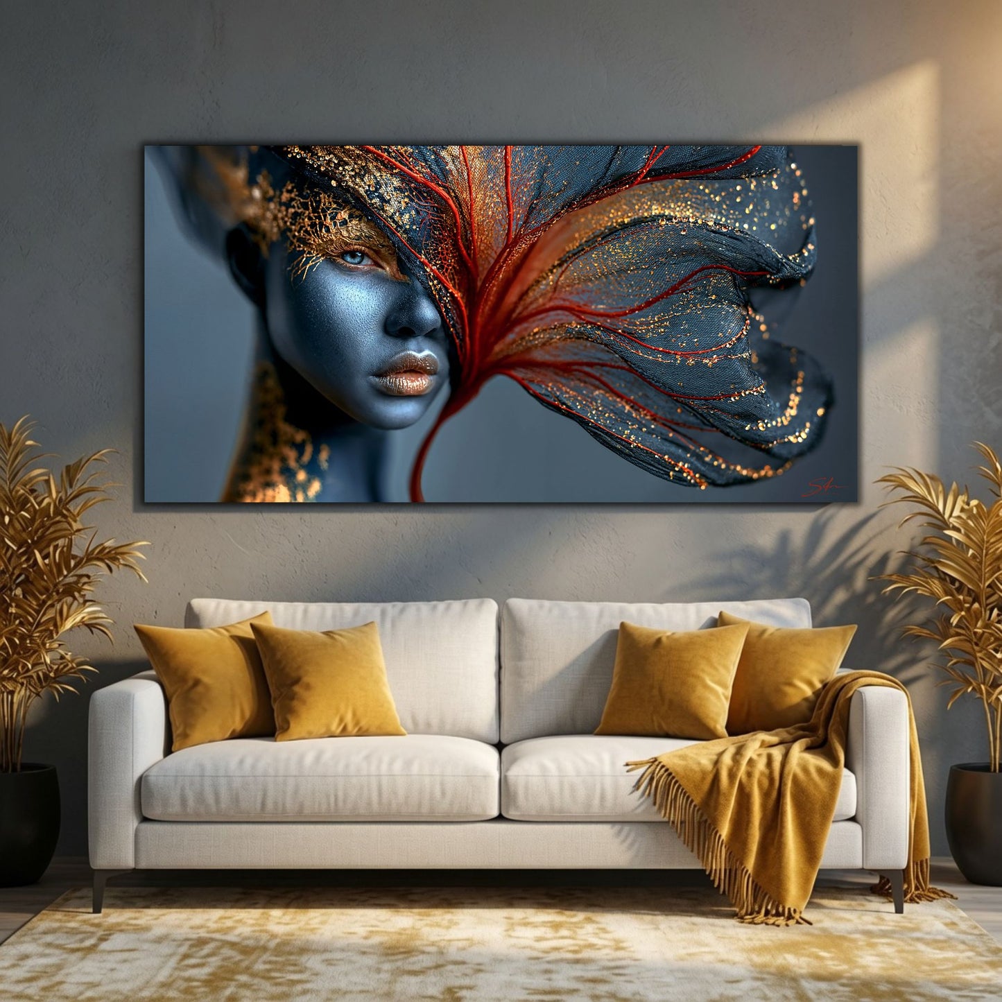 Tablou decorativ First Bloom într-un living luminos cu design contemporan și accente naturale.