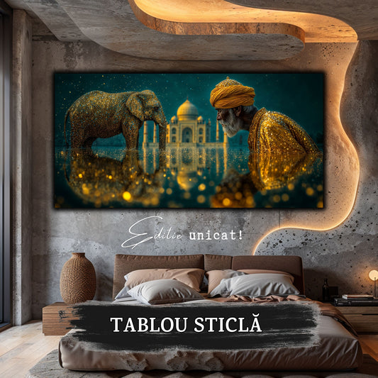 Tablou living Întâlnire Sacră cu elefant auriu și Taj Mahal pe perete de beton cu iluminare indirectă caldă