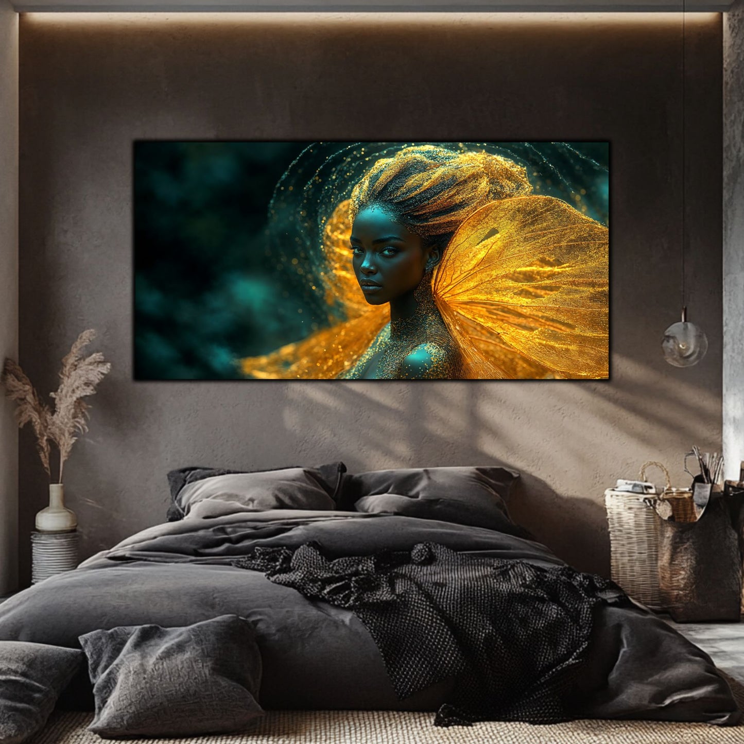 Tablou pe sticla de 4 mm, cu portret, asezat intr-un dormitor modern si minimalist, despre maturitate spirituală și transmiterea luminii spirituale.