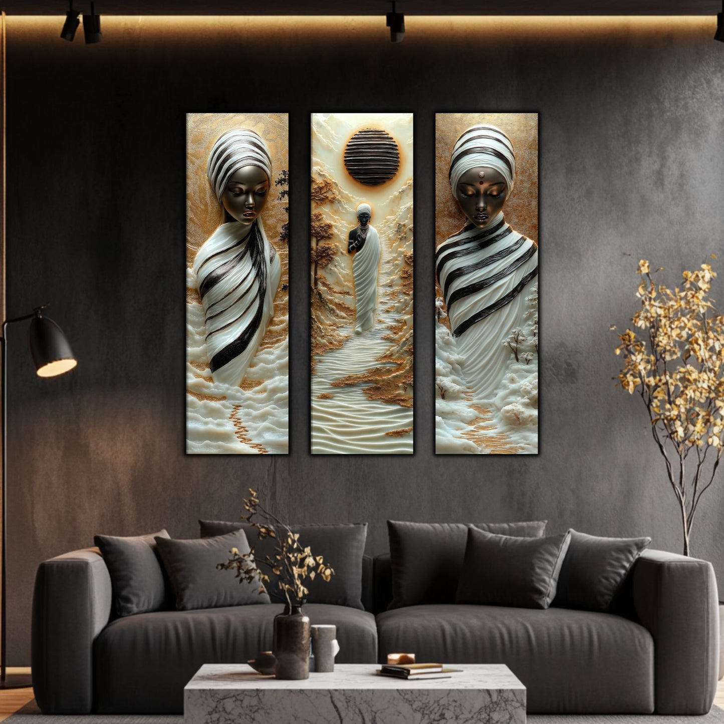 Set Tablouri pt Decorul Elegant al Livingului - 3 Tablouri pe Sticla - Veil of Serenity NO06