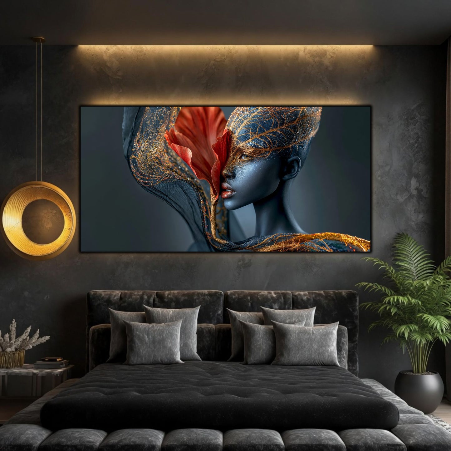 Silent Bloom adaugă profunzime unui living premium prin transparențe delicate și reflexii aurii pe sticlă.