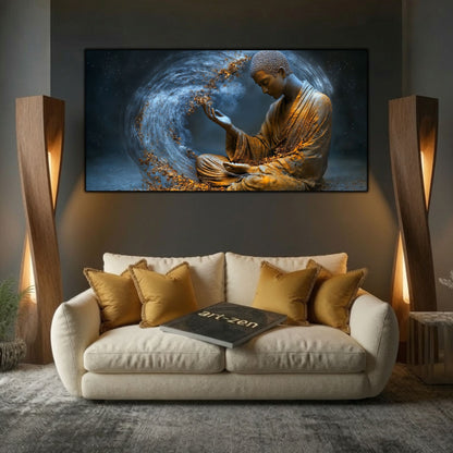 Tablou abstract living Purtătorul pulberii de stele printat pe sticlă securizată panoramică deasupra unei canapele crem într-un living elegant cu lămpi sculpturale de lemn