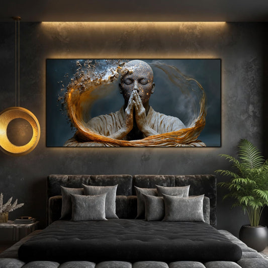 Tablou abstract living Rugăciune în pulbere de stele printat pe sticlă securizată panoramică deasupra unui pat într-un dormitor contemporan elegant