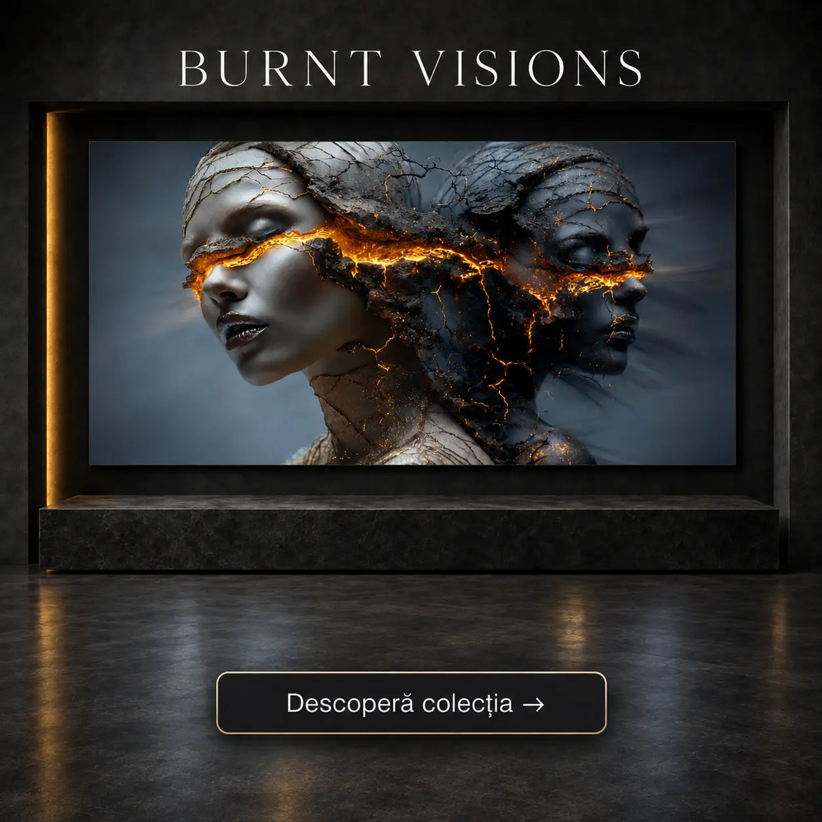 Tablou abstract modern cu chipuri sculpturale și crevase incandescente de foc – Colecția Burnt Visions Art Zen