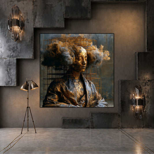 Tablou abstract modern pătrat Paza gândului destrămat printat pe sticlă securizată într-un interior de lux cu perete de marmură și canapea din catifea verde