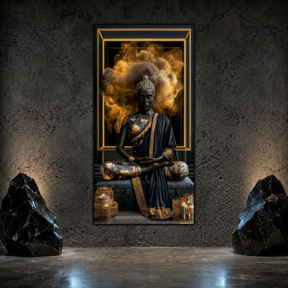 Tablou abstract modern vertical Paza portalului de ambră printat pe sticlă securizată pe un perete texturat antracit flancat de roci decorative și felinare