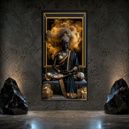 Tablou abstract modern vertical Paza portalului de ambră printat pe sticlă securizată pe un perete texturat antracit flancat de roci decorative și felinare