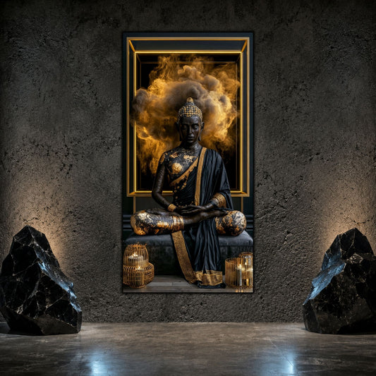Tablou abstract modern vertical Paza portalului de ambră printat pe sticlă securizată pe un perete texturat antracit flancat de roci decorative și felinare
