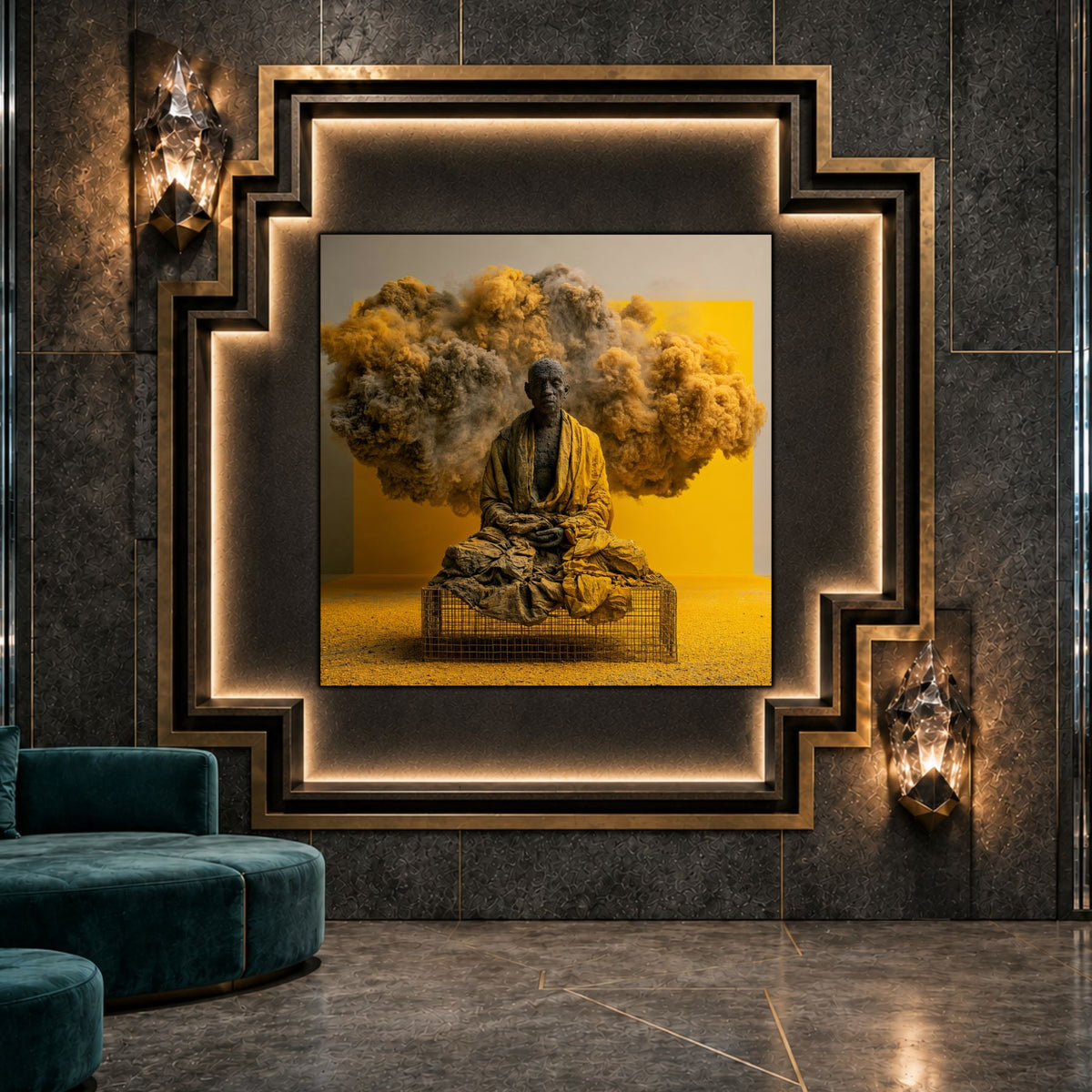 Tablou abstract modern pătrat Paza pulberii de ambră printat pe sticlă securizată într-un interior de lux cu perete de marmură și canapea din catifea verde