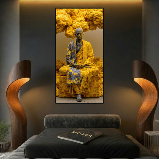 Tablou abstract modern vertical Paza pulberii solare printat pe sticlă securizată deasupra unui pat elegant flancat de lămpi sculpturale din lemn curbat
