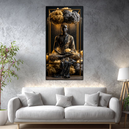 Tablou abstract modern vertical Paza sanctuarului de aur printat pe sticlă securizată deasupra unei canapele albe într-un living modern cu perete gri