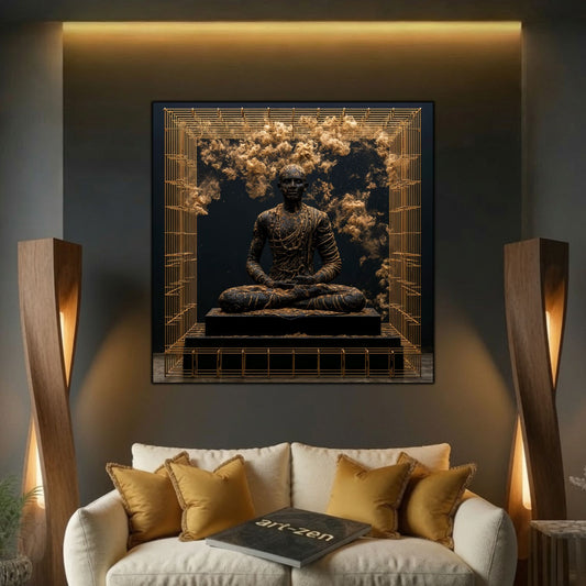 Tablou abstract modern pătrat Paza sanctuarului de pulbere printat pe sticlă securizată deasupra unei canapele crem flancate de lămpi curbate din lemn