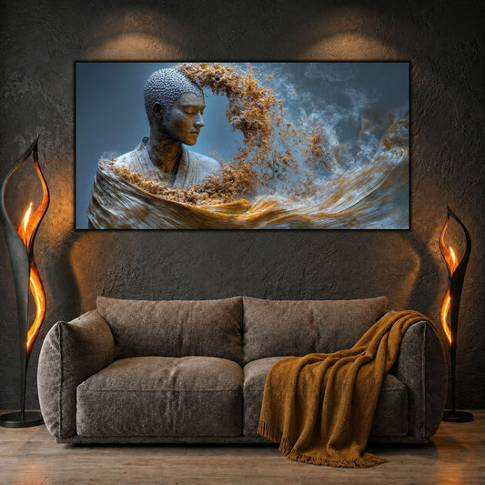 Tablou abstract modern Respirația pulberii de stele printat pe sticlă securizată panoramică pe perete texturat între două sculpturi de piatră naturală