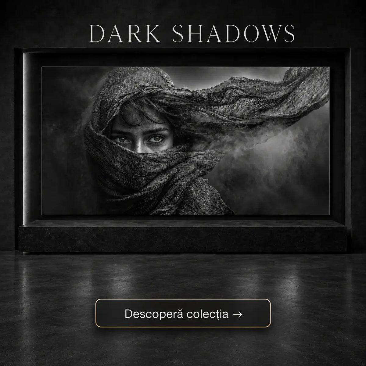 Tablou alb negru modern cu portret feminin învăluit în voal dramatic – Colecția Dark Shadows Art Zen