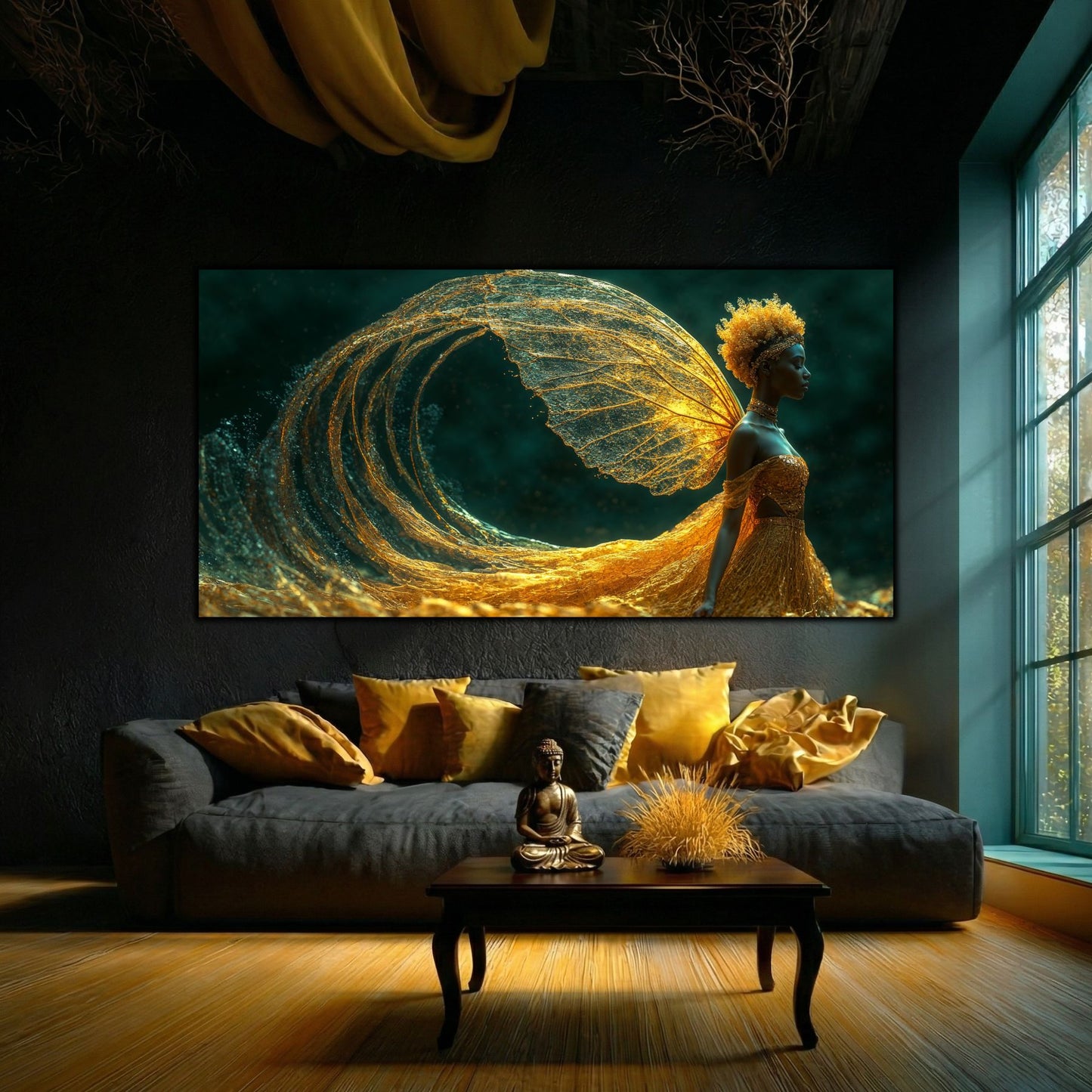 un tablou spectaculos despre metamorfoză și renaștere în tonuri aurii eterice.