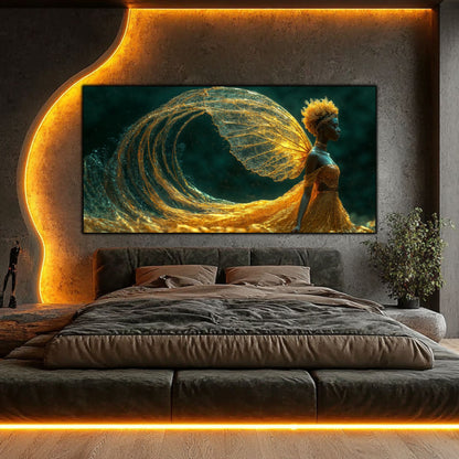 Tablou abstract modern Aripa Eternului, artă fluidă pe sticlă securizată cu forme organice, decorațiune perete living inspirată de mișcarea astrelor.