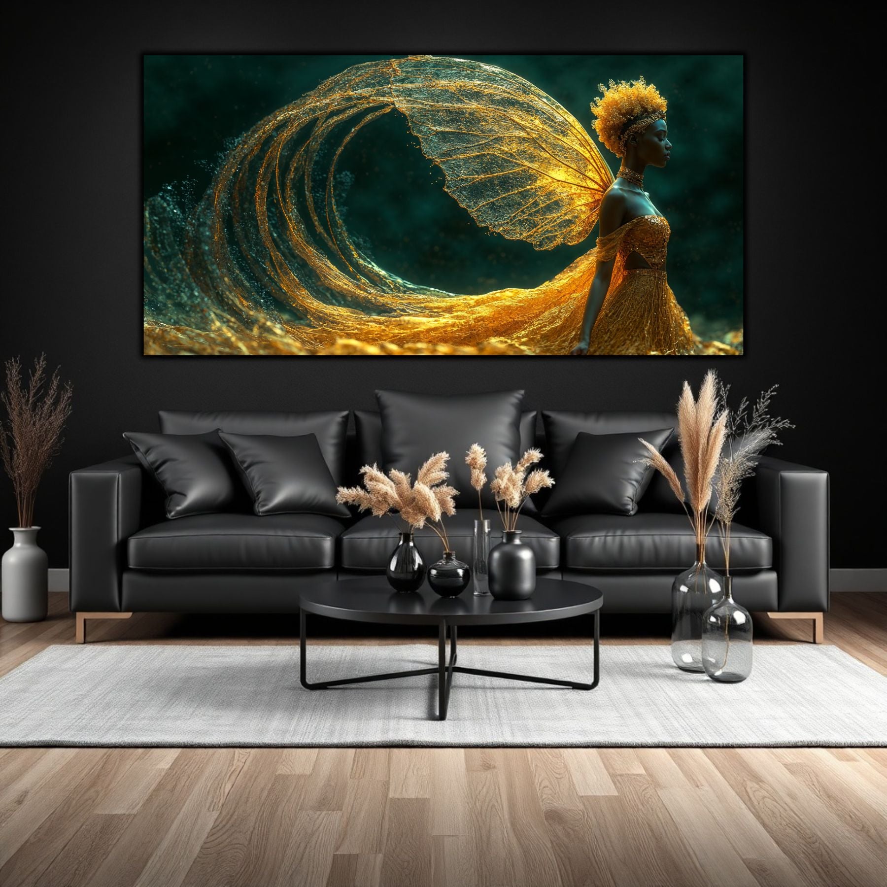 tablou modern din sticla securizata cu chip feminin, cufundat în seninătate, care poate aduce magia culorii galbene in sufrageria ta.