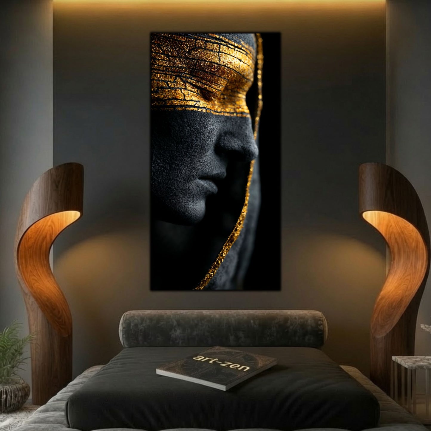 Tablou modern pentru living, portret misterios cu detalii aurii pe ochi, imprimat pe sticlă securizată 4mm.