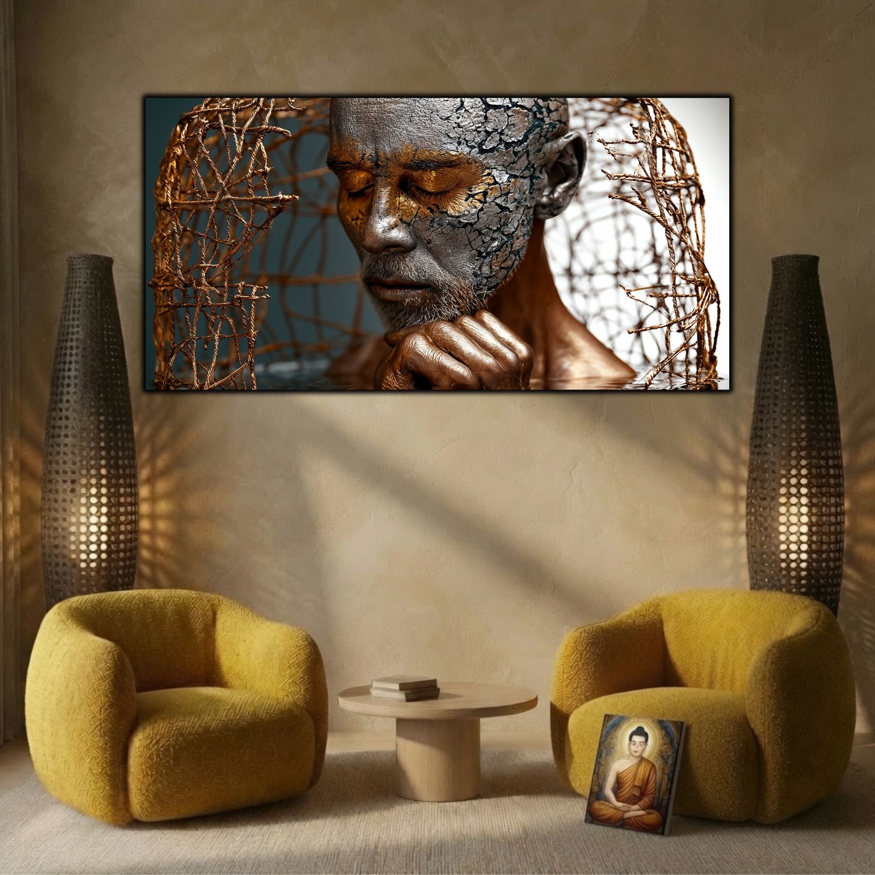 Tablou de artă zen pe sticlă, element central de decor integrat armonios pe peretele unei sufragerii pentru meditație.