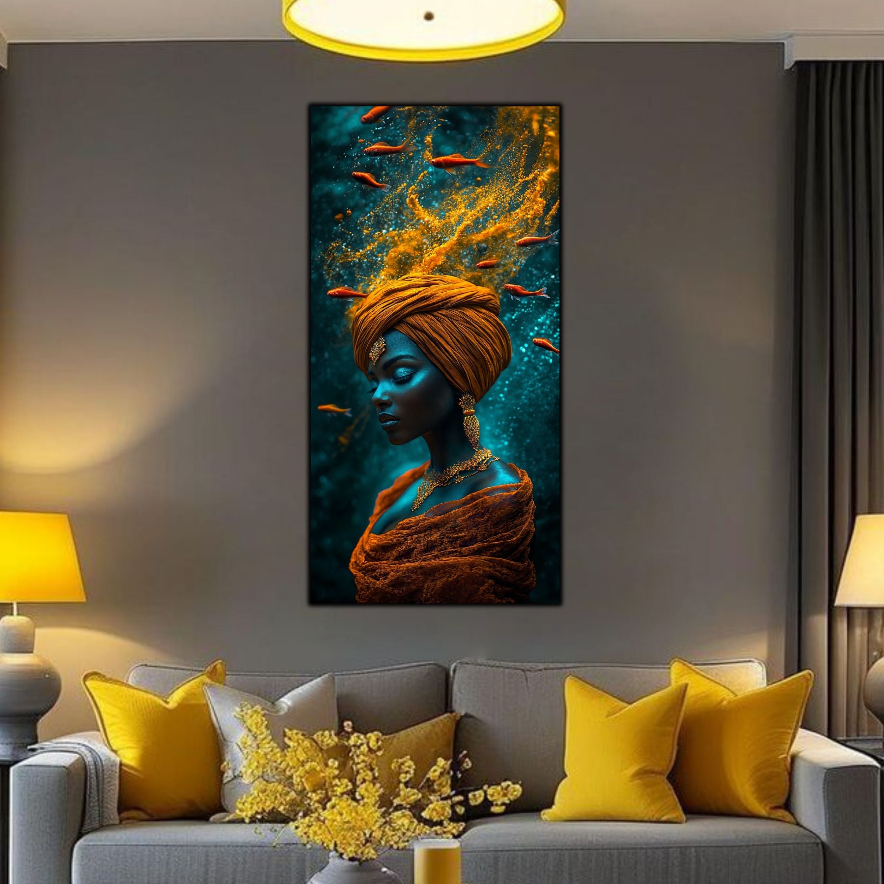 Tablou mare pentru sufragerie, design armonios zen-luxury cu iluminare cinematică abisală.