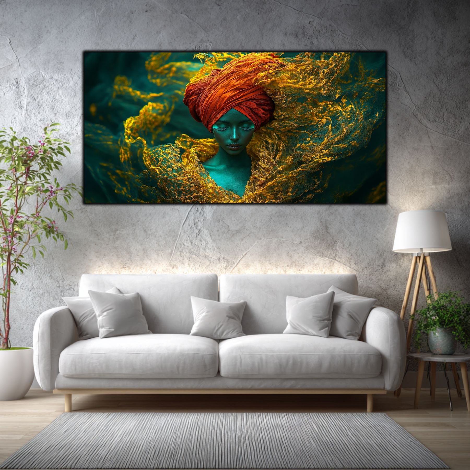 Integrare tablou în decor interior modern, estetică zen-luxury și iluminare reflexivă vibrantă.