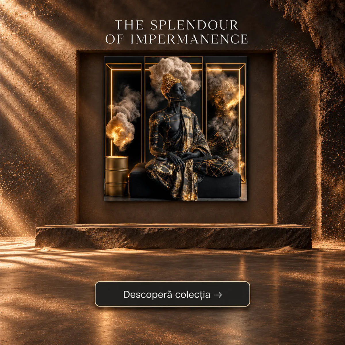 Tablou birou elegant cu figură în meditație lotus decorată cu linii aurite Kintsugi și volute de fum – Colecția The Splendour of Impermanence Art Zen