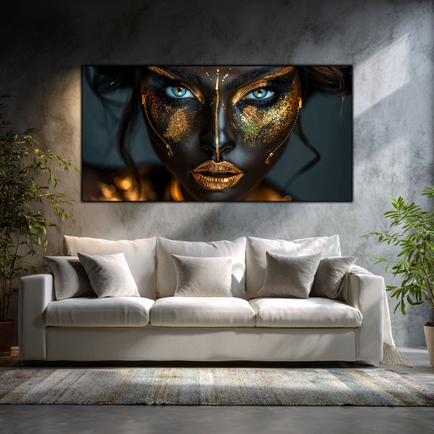 Tablou living de lux pe sticlă securizată – portret feminin dramatic cu ochi albaștri și aur exploziv, prima piesă a trilogiei Noir-Lux Alchemy, montat pe perete într-un living dark-modern cu canapea neagră din piele