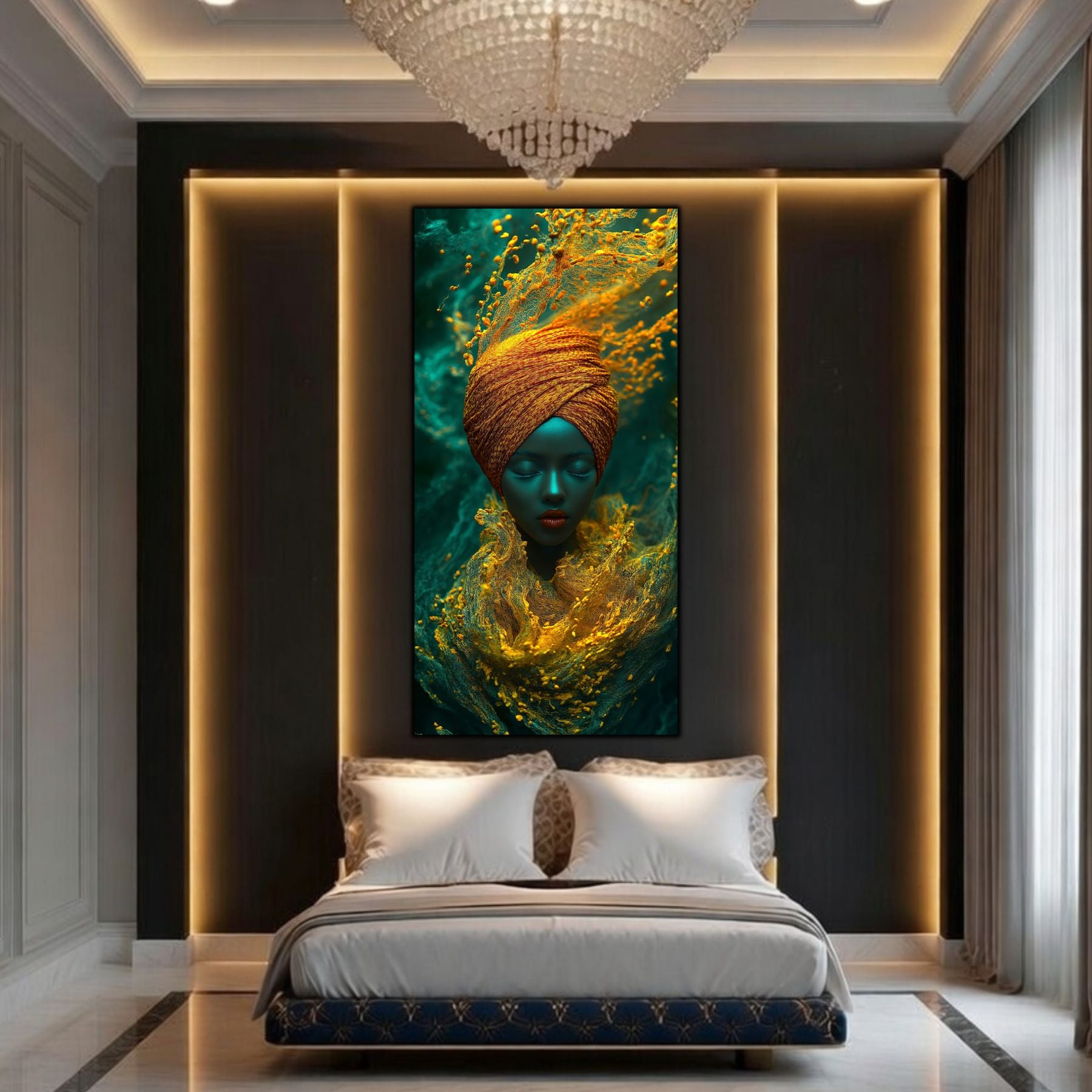 Integrare tablou în decor interior modern, estetică zen-luxury și iluminare reflexivă liniștitoare.