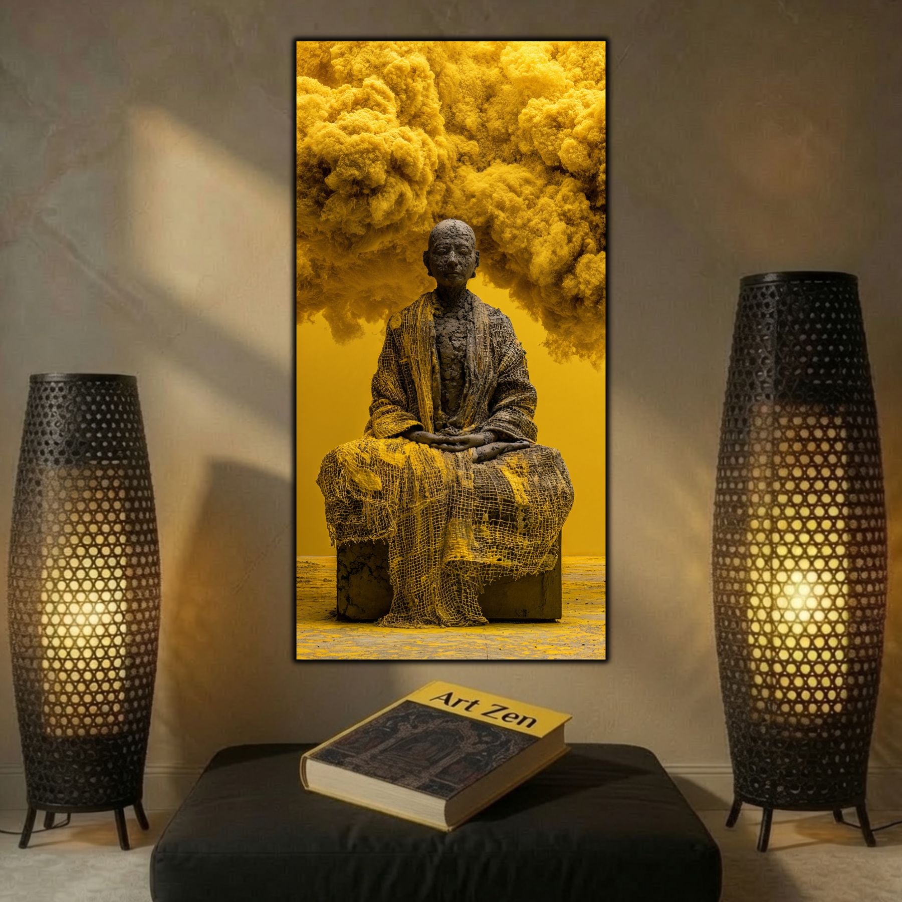 Tablou mare pentru sufragerie, design zen luxury cu texturi de piatră și explozie de culoare caldă.